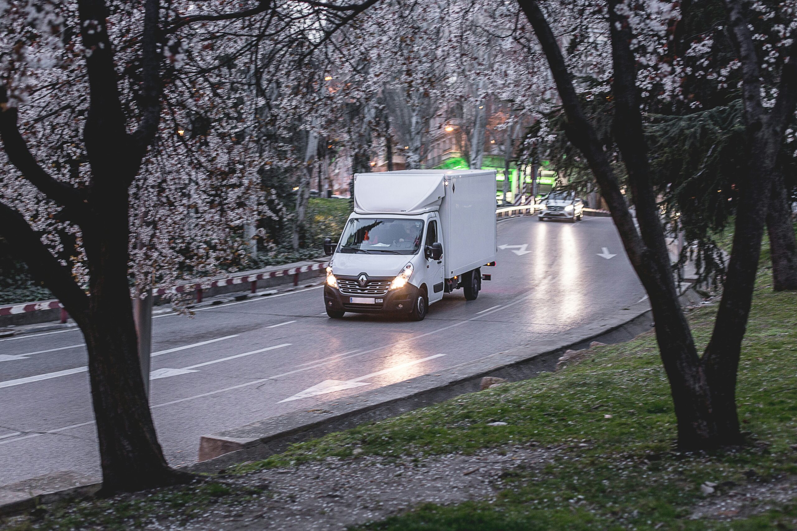 Camionnette roulant sur une route avec des arbres fleuris